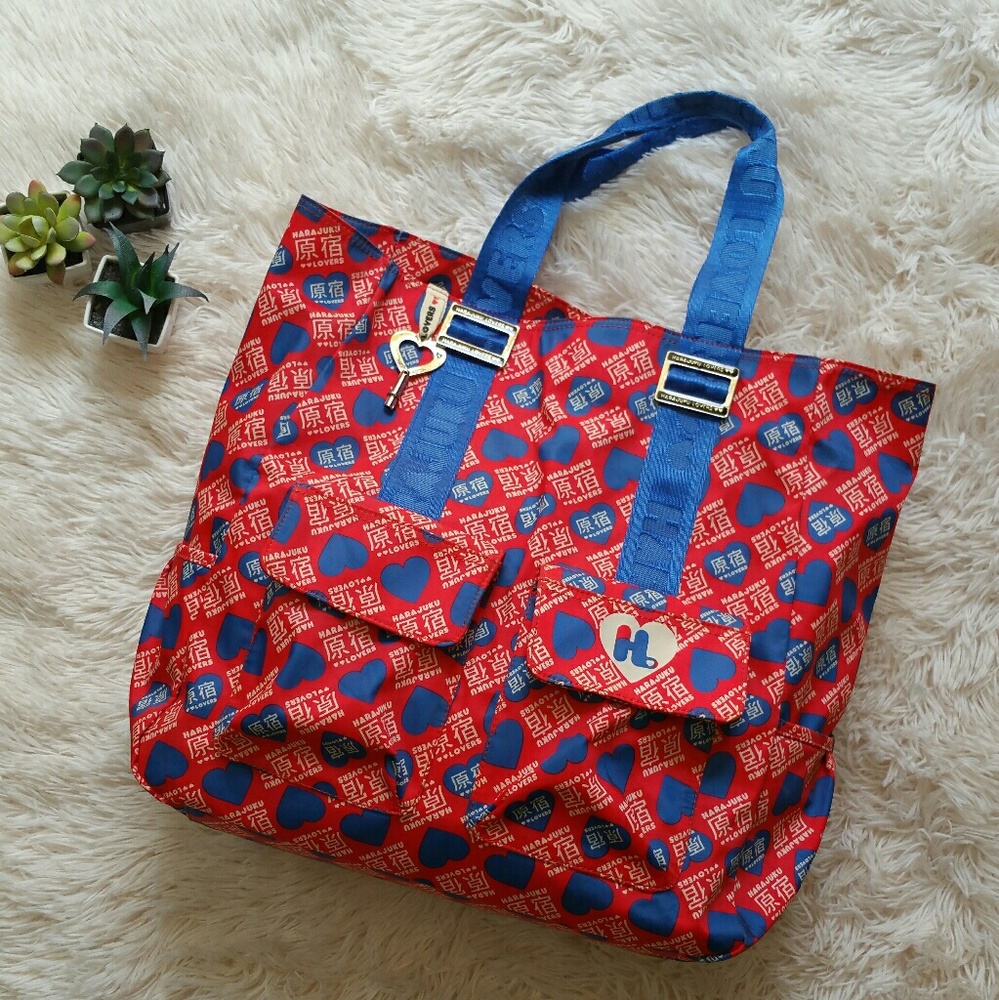 Harajuku Lovers Red/Blue hearts tote EUC!!